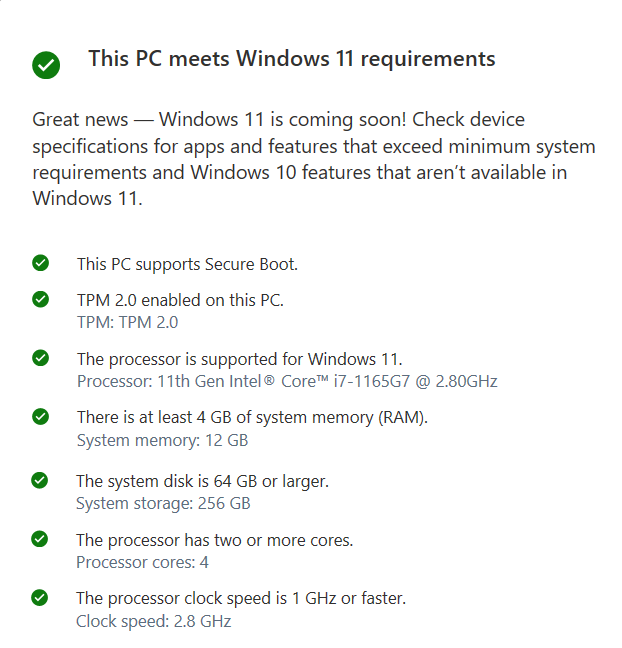 pc health check results for windows 11